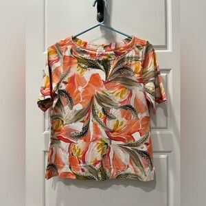 Chico's Orange and Green Floral Short Sleeve Top